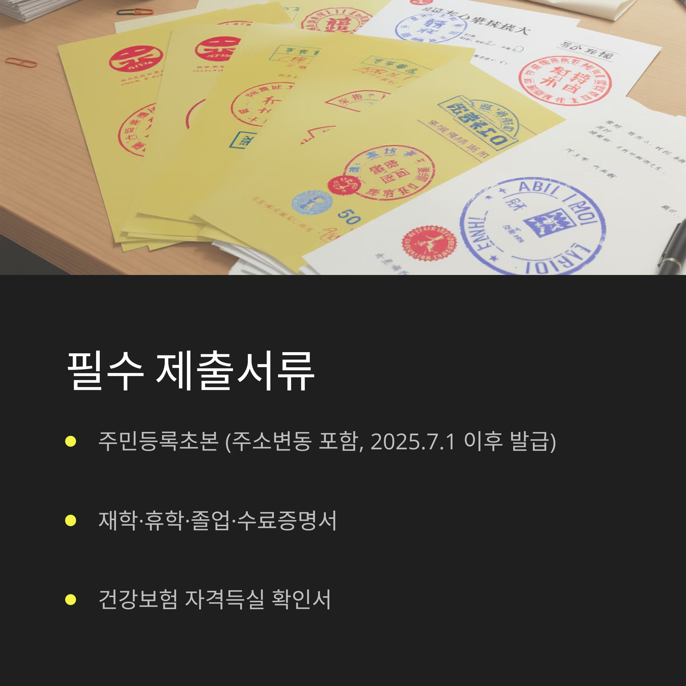 책상 위에 여러 공문서들이 놓여 있는 이미지와 함께, 주민등록초본, 재학&middot;휴학&middot;졸업&middot;수료증명서, 건강보험 자격득실 확인서 등 필수 제출 서류를 안내하는 인포그래픽