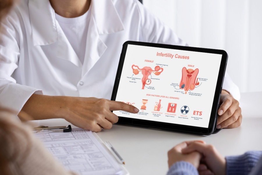 중년 여성이 의사에게 건강검진 결과를 태블릿으로 설명받는 모습