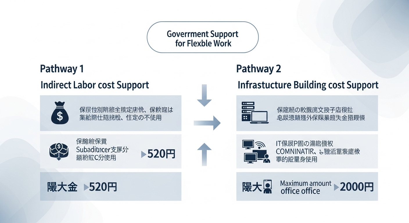 유연근무 지원금의 두 가지 주요 유형: 간접 노무비 지원과 인프라 구축비 지원을 시각적으로 나타낸 인포그래픽.