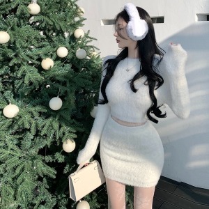 크롭 앙고라 투피스 세트 니트 투피스셋업 크롭티 미니스커트