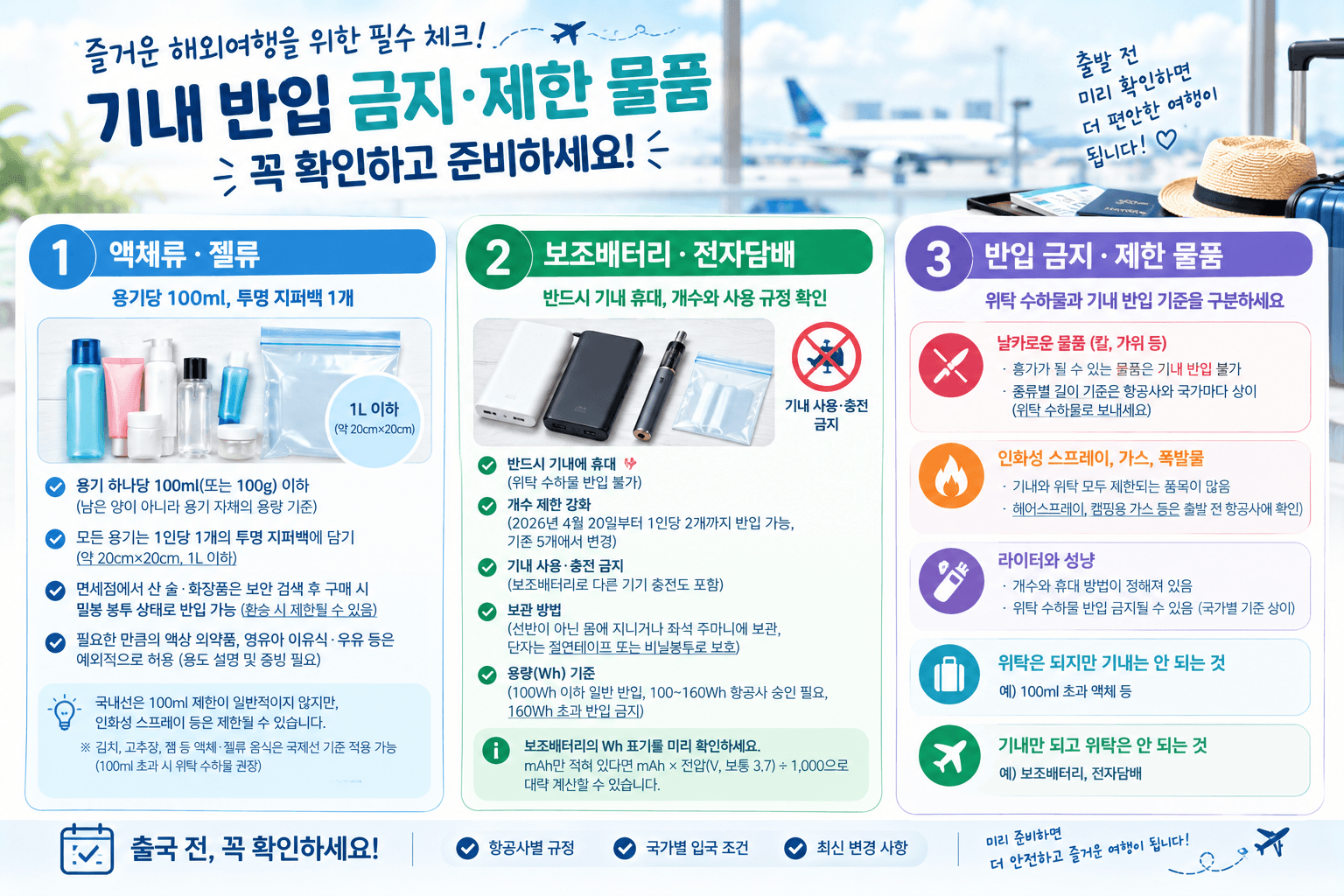 기내 반입 물품 규정 정리: 액체류,보조배터리,금지 물품 (2026년 기준)