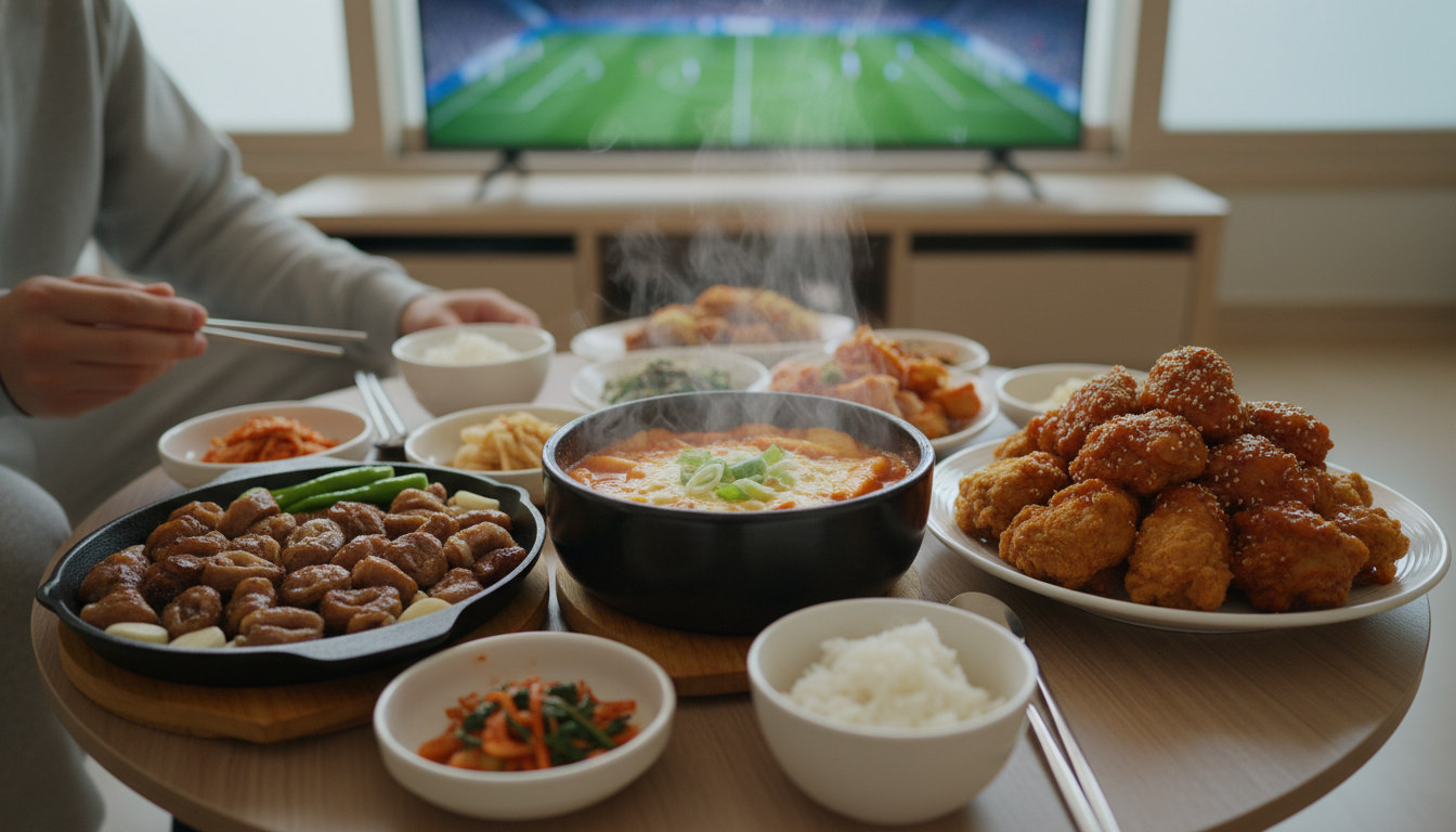 축구 경기 시청 중 테이블에 놓인 따끈한 떡볶이, 치킨 등 다양한 HMR 야식 클로즈업.