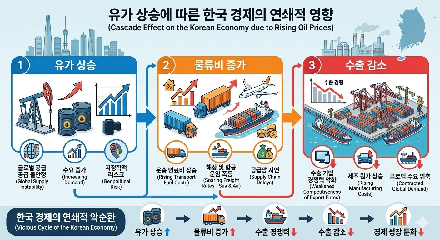 유가 상승이 한국의 물류, 생산, 소비자 물가에 미치는 연쇄 영향을 설명하는 인포그래픽 도표