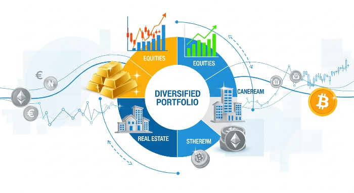 주식 차트, 금괴, 부동산 아이콘, 암호화폐 등 다양한 자산이 균형 있게 배치된 포트폴리오를 보여주는 역동적인 인포그래픽.
