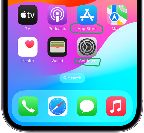iPhone home screen: Settings and App store :