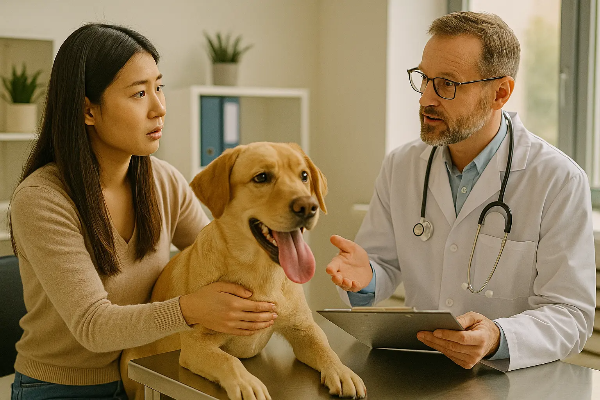 입을 벌리고 헥헥거리며 숨 쉬는 강아지, 더위·스트레스·심장 문제 등 원인 가능성 표현