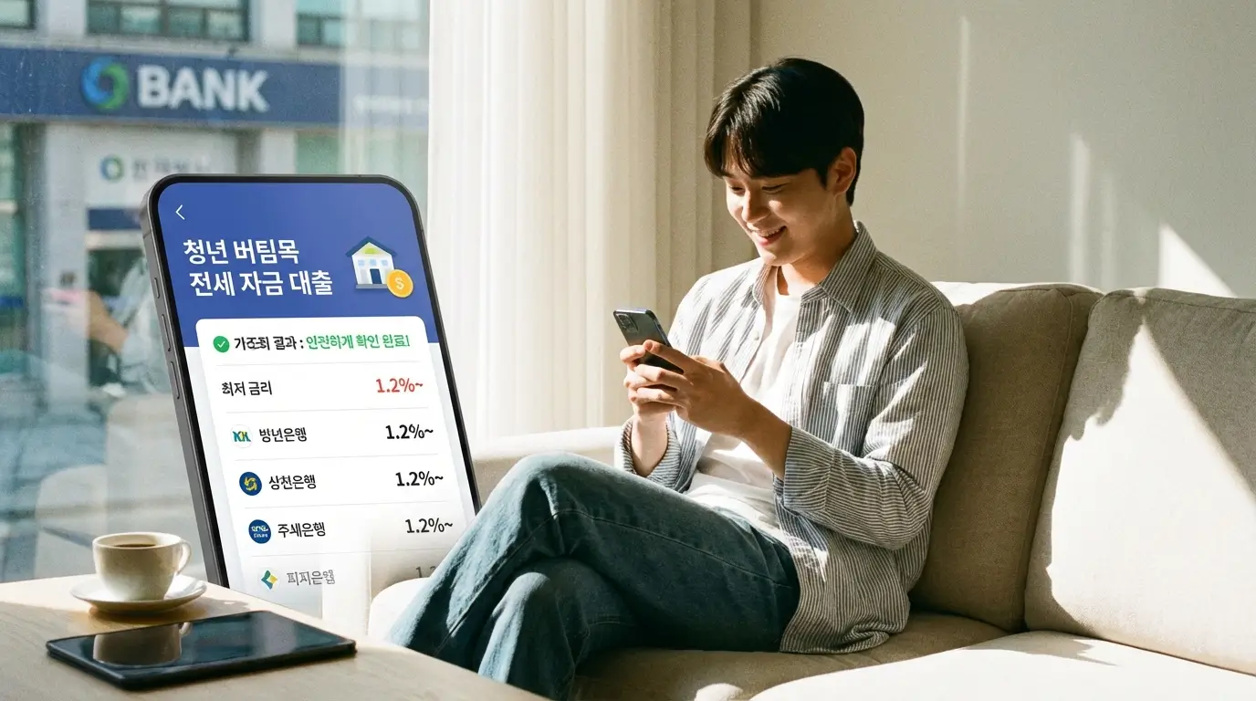 스마트폰 대출 비교 플랫폼을 통해 은행 방문 전 청년 버팀목 전세 자금 대출 최저 금리를 안전하게 가조회하는 모습
