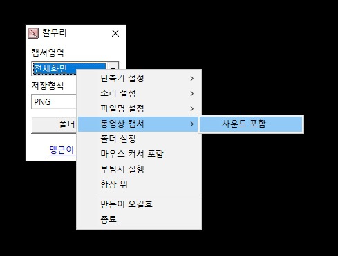 칼무리 프로그램에서 사운드 포함 옵션을 체크하는 모습