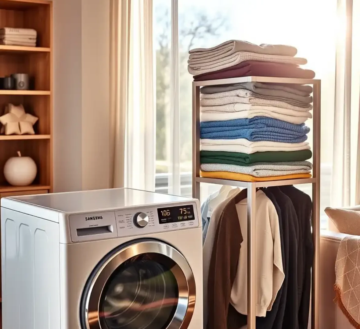 따뜻하고 모던한 느낌의 거실 한켠에 삼성 비스포크 그랑데 AI 건조기와 LG 트롬 오브제컬렉션 워시타워가 나란히 놓여 있는 모습