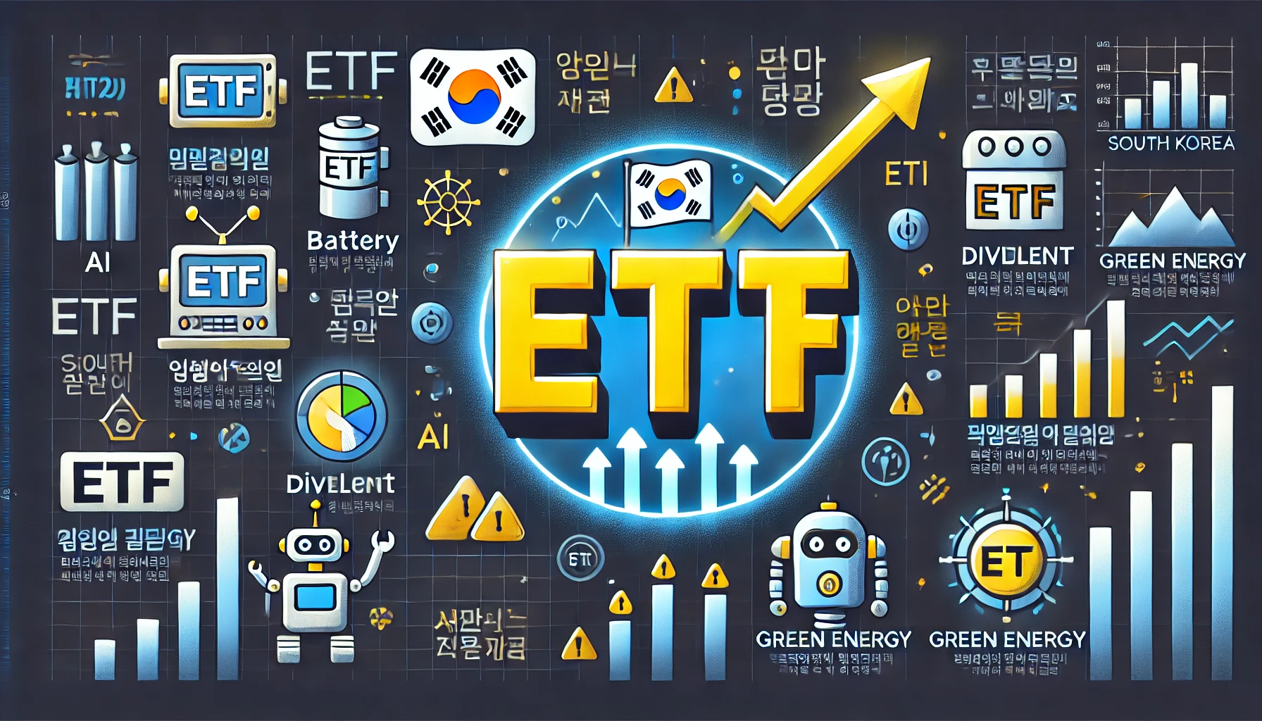 한국 주식시장에서 ETF 공룡 시대가 도래한 흐름을 상징적으로 표현한 썸네일 이미지. 상승 그래프와 &lsquo;ETF&rsquo; 키워드가 강조되며, 다양한 테마와 투자자 트렌드를 시각화했다.