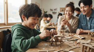 체험학습에서 만들기에 집중하며 기뻐하는 아이의 자연스러운 표정
