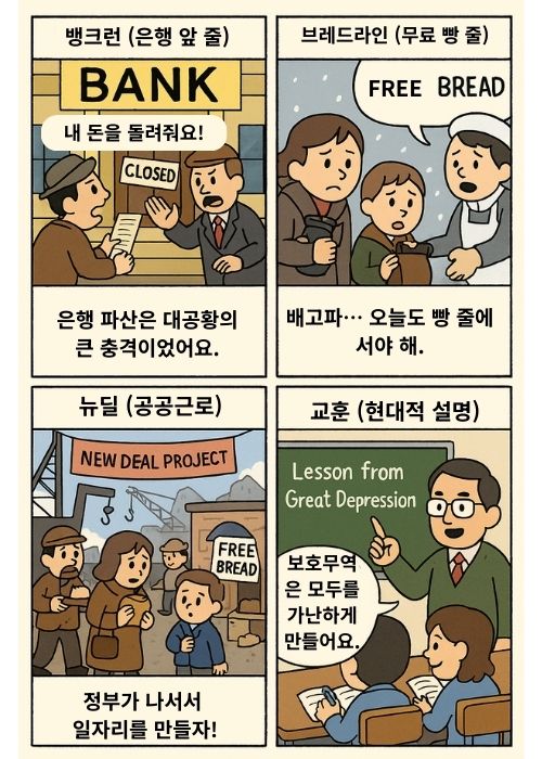 1929년 대공황. 은행 파산으로 뱅크런 발생, 실업자들이 무료 빵 줄에 서는 모습, 루스벨트 뉴딜 정책으로 일자리 창출, 마지막은 교실에서 대공황의 교훈을 배우는 장면의 4컷 만화