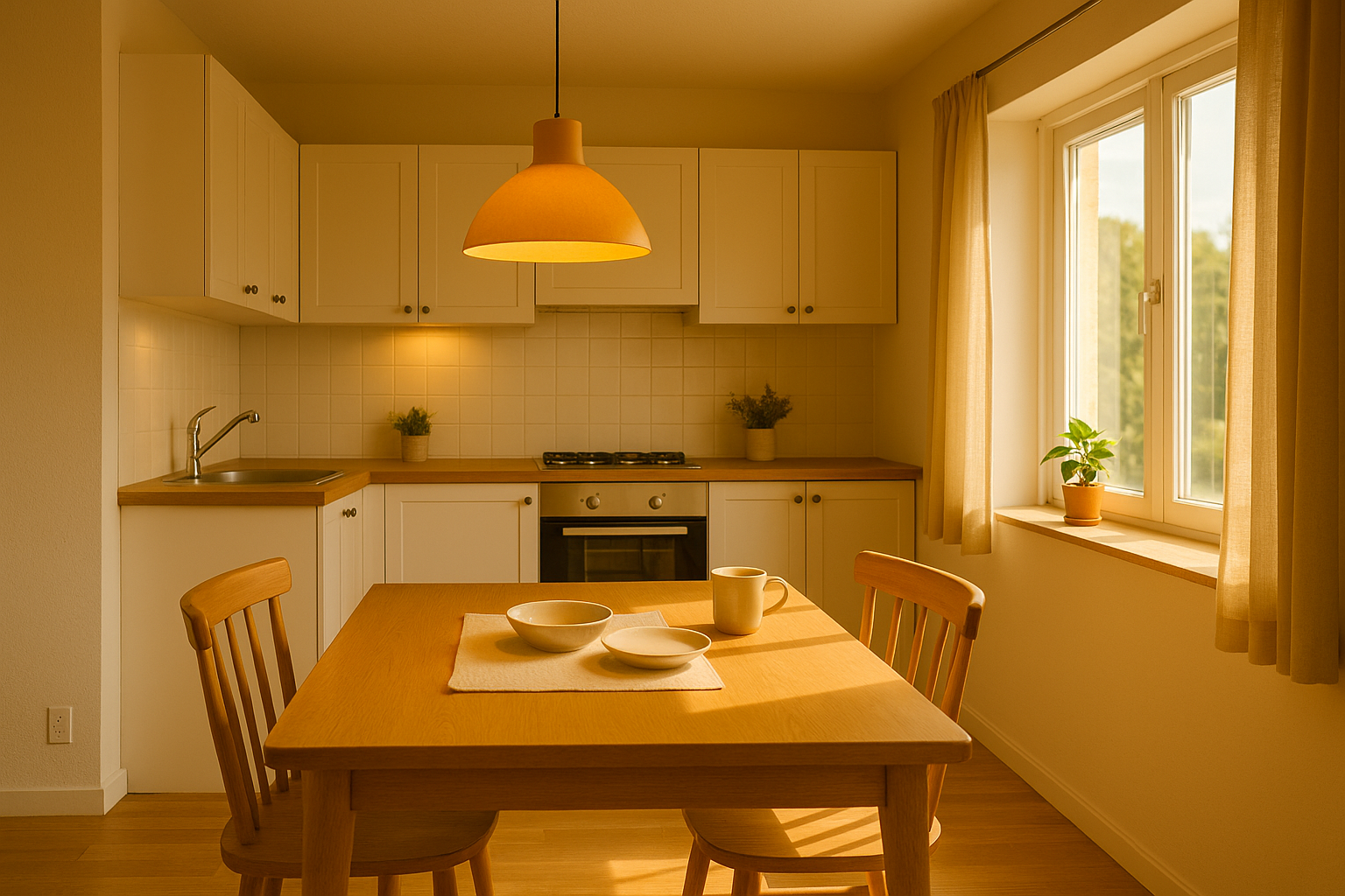 따뜻한 노란빛 조명이 켜진 밝고 활기찬 주방 인테리어