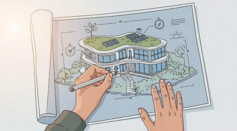 A person's hands are confidently drawing a detailed blueprint for a beautiful, unique house on a large piece of paper. The blueprint symbolizes designing one's own financial life. The image should feel empowering and creative.