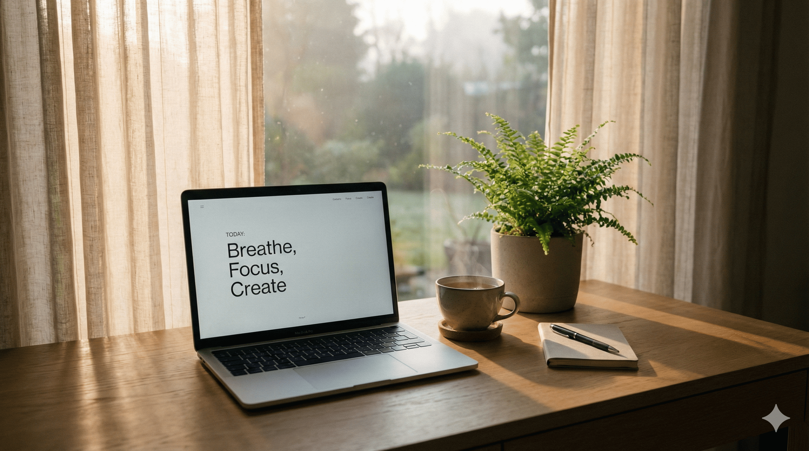 새벽 창가에 놓인 노트북 화면에 구글 오팔 작업창이 띄워져 있어, 새로운 창작의 시작을 알리는 차분하고 기대감 어린 분위기.