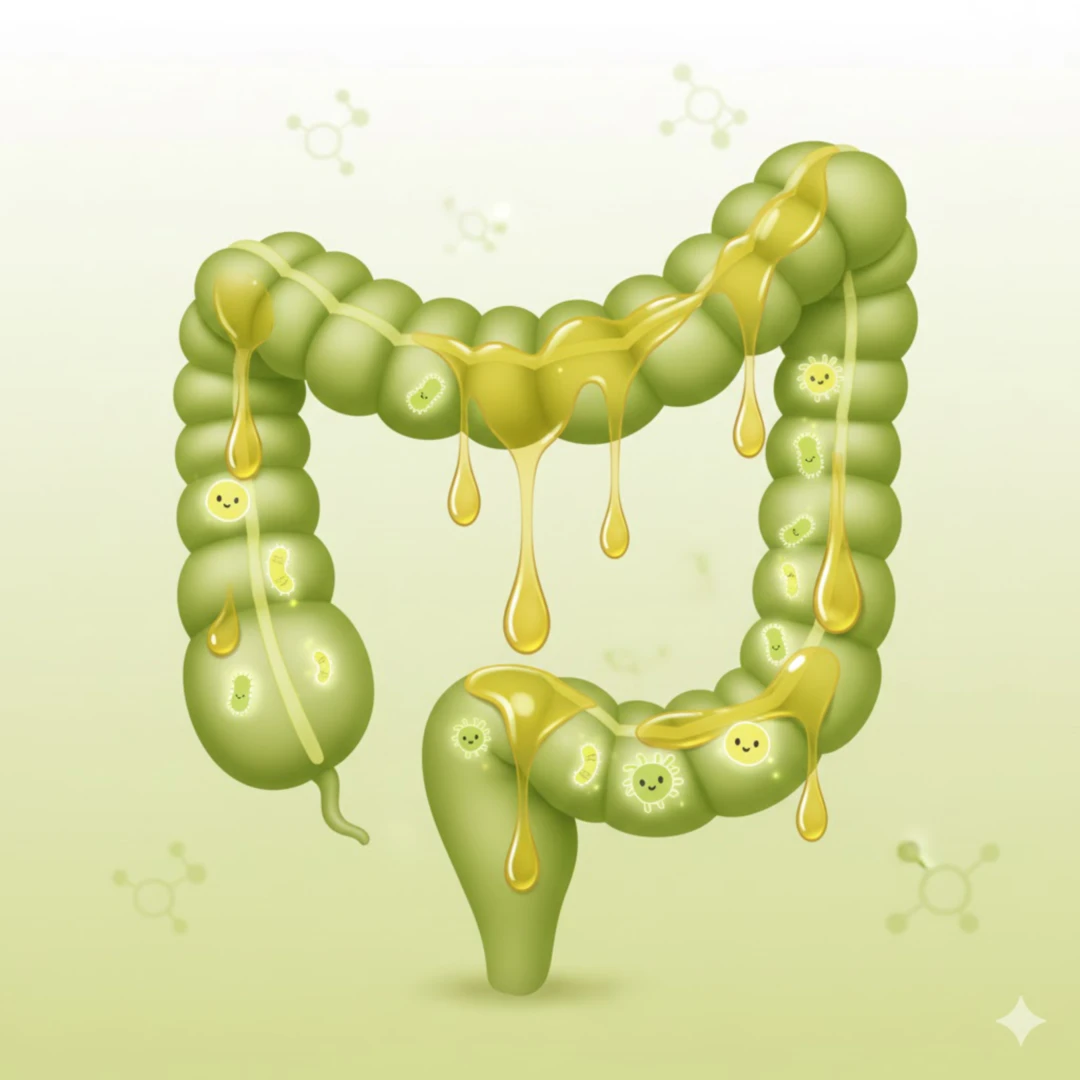 유선형으로 부드럽게 이어진 건강한 장의 모습을 중앙에 그리고&amp;#44; 그 위로 황금빛 올리브 오일 방울들이 미끄러지듯 흘러내리는 것을 묘사합니다. 장 내부에는 작고 귀여운 &amp;#39;행복한&amp;#39; 유익균 아이콘들이 자리 잡고 있어&amp;#44; 편안하고 평온한 느낌의 초록색&amp;#44; 연노랑색 팔레트를 사용합니다. 