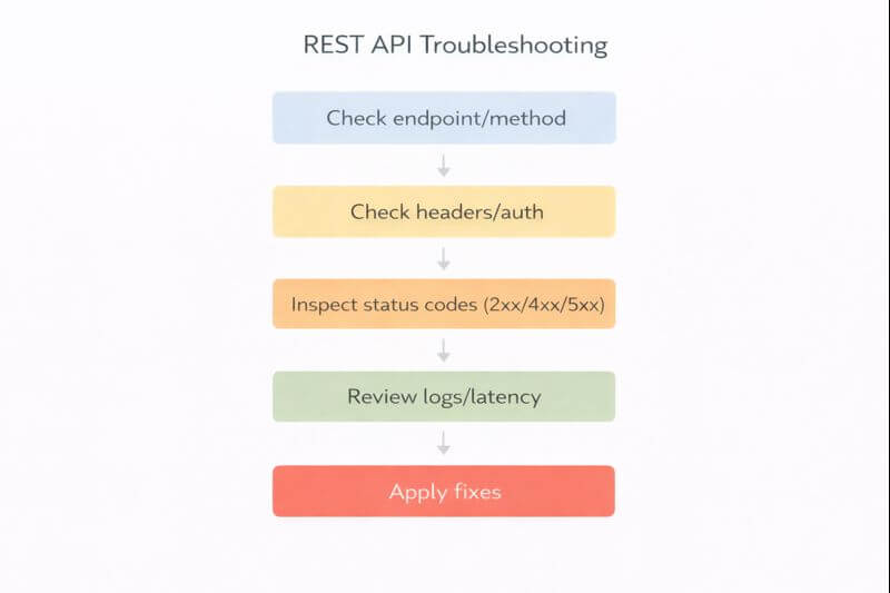 REST 자원 중심 URL과 HTTP 메서드로 API를 설계한 뒤, 상태 코드(200/400/401/403/404/500)를 기준으로 전산학 장애 원인을 분류하고 점검하는 단계별 흐름도
