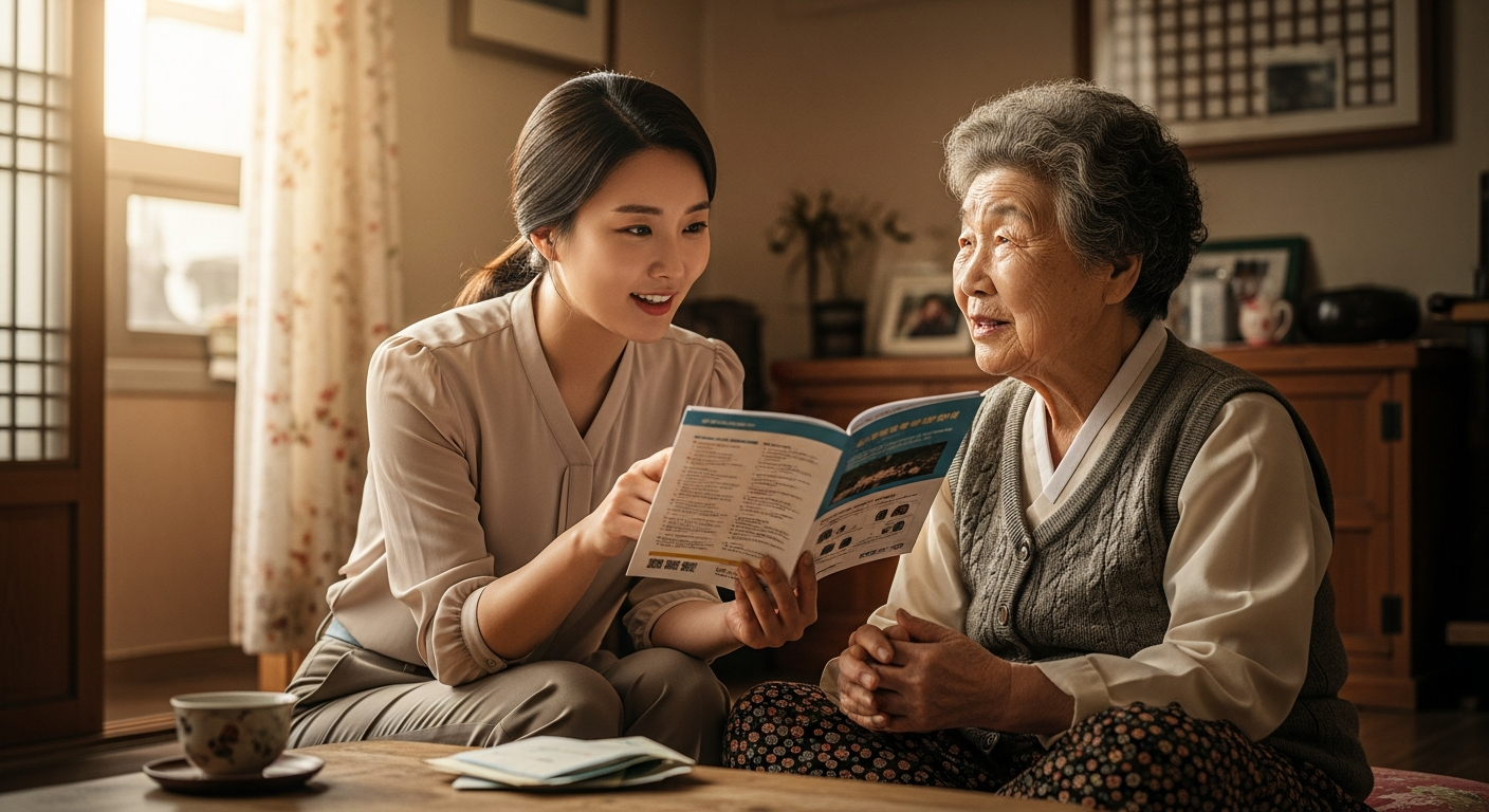 금융 컨설턴트로 보이는 젊은 여성이 소박한 집에서 할머니에게 우대형 주택연금 안내문을 친절하게 설명해주고 할머니가 희망찬 표정으로 듣고 있는 장면.