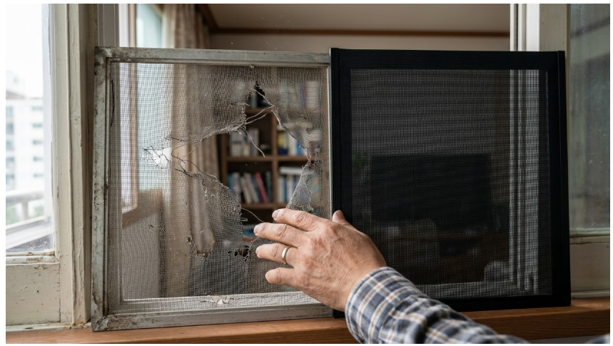 노후된 일반 알루미늄 방충망과 프라이버시 메쉬망 비교