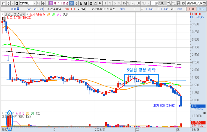 3월 6일 에스디생명공학 일봉 차트