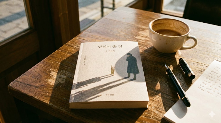 늦은 오후 햇살이 비추는 원목 테이블 위에 문지혁 소설 『당신이 준 것』 책과 커피 한 잔, 뚜껑이 열린 만년필이 놓여 있다