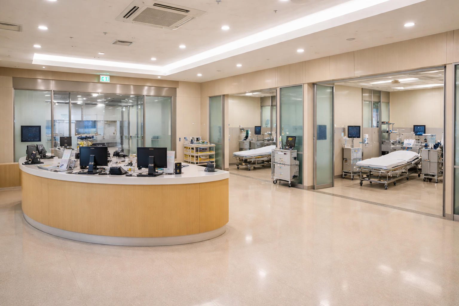 한국 병원 응급실 접수대와 처치실 내부 전경, 환자 없이 촬영된 의료 환경