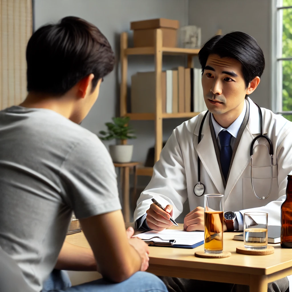 의료 전문가가 음주의 건강 위험성을 설명하는 모습