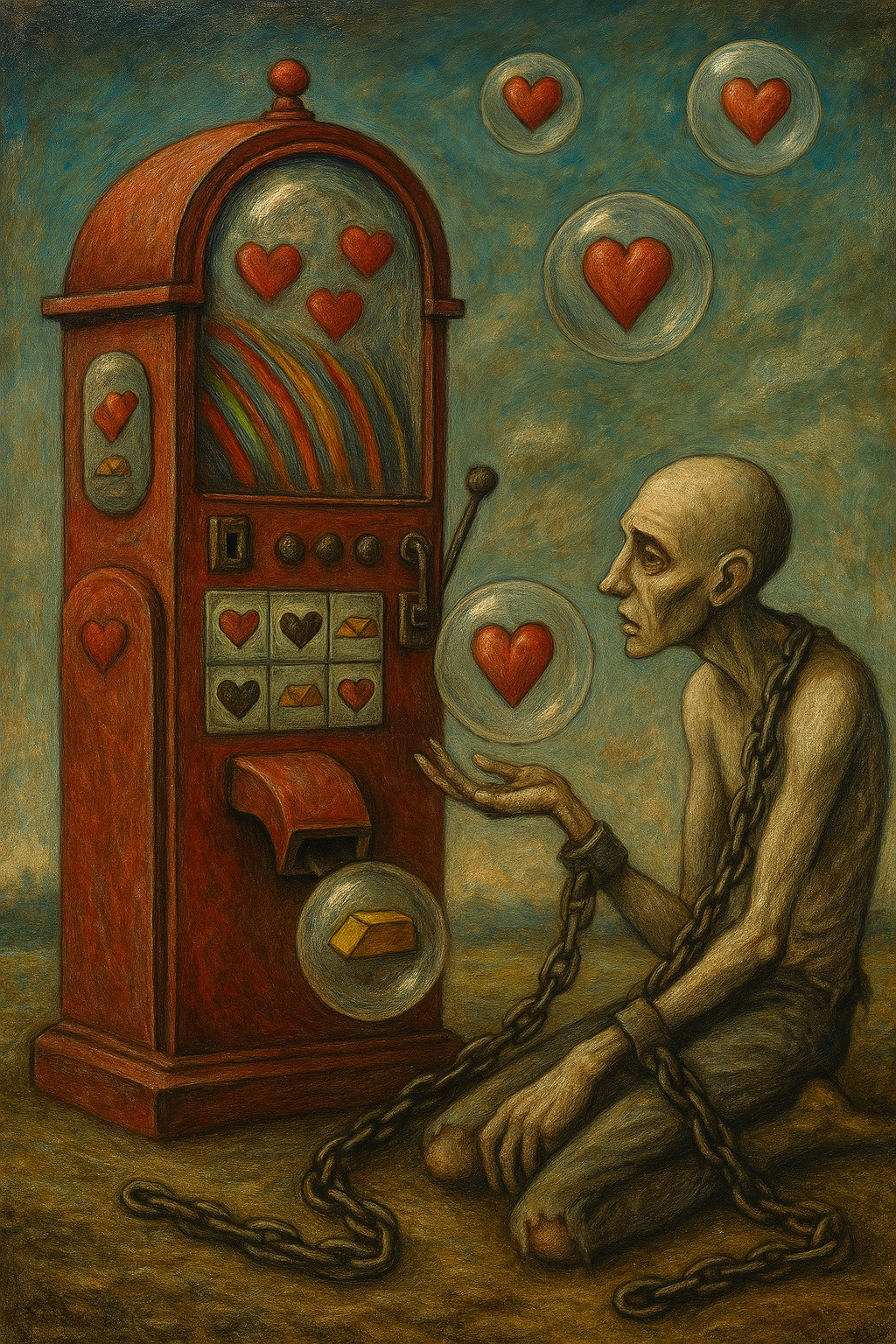 alt: 욕망 기계에 묶인 인물을 표현한 어두운 배경의 상징적 이미지