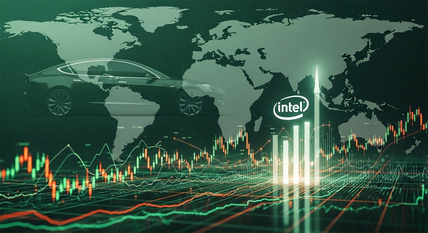 세계지도위에 오버랩되어있는 테슬라차 intel 과 주식 주가변동창