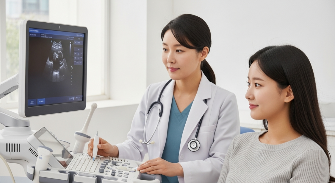의사가 환자에게 초음파 검사를 시행하며 방사선 걱정 없이 안전하게 검사하는 모습을 보여주는 사진.