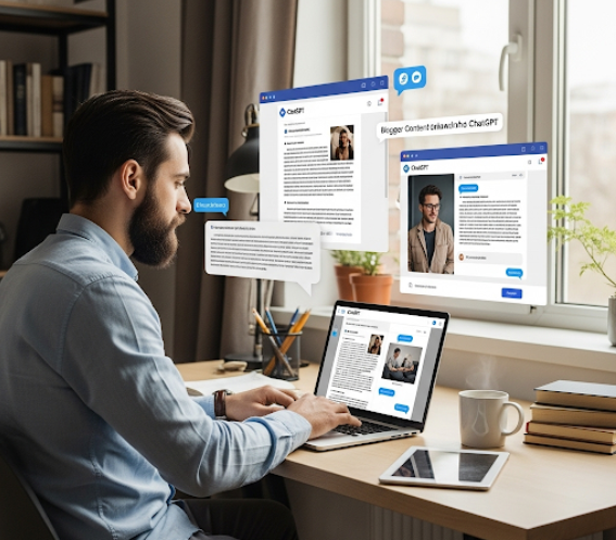 블로거가 ChatGPT와 협력하여 콘텐츠를 생성하는 워크플로우를 보여주는 이미지