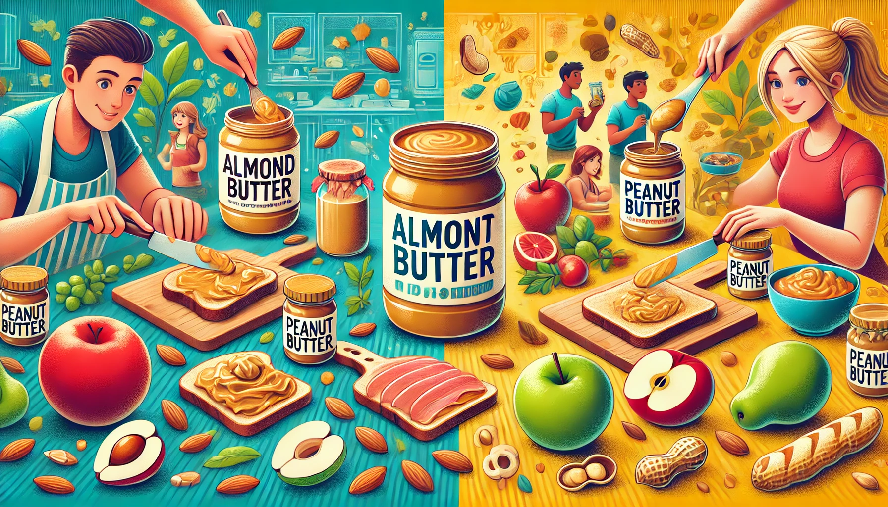 사람들이 아몬드버터와 땅콩버터를 빵에 발라먹는 모습