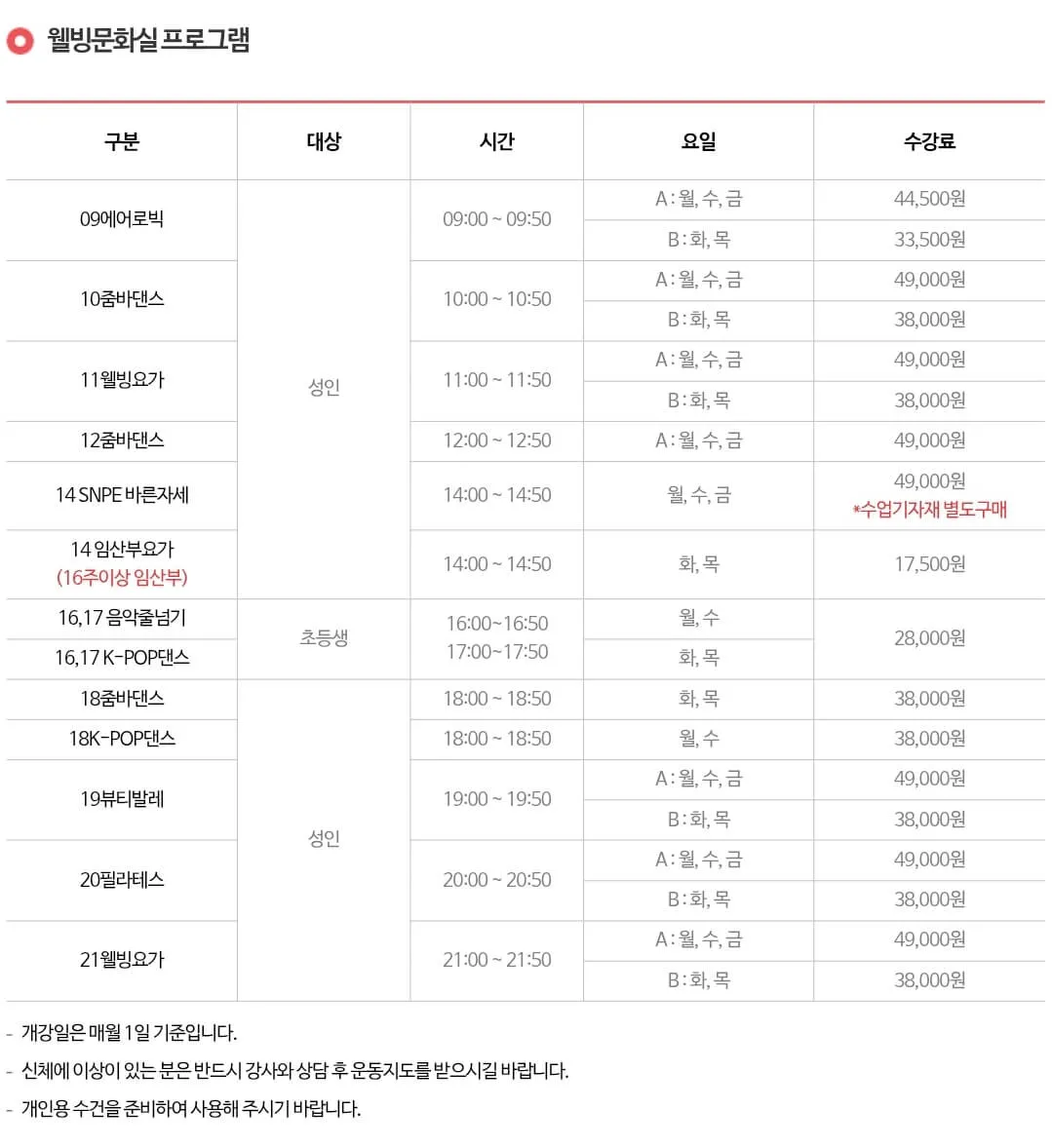 신도림생활체육관 웰빙문화실 월회비, 프로그램별 이용료(수강료) 및 이용시간 등 이용안내