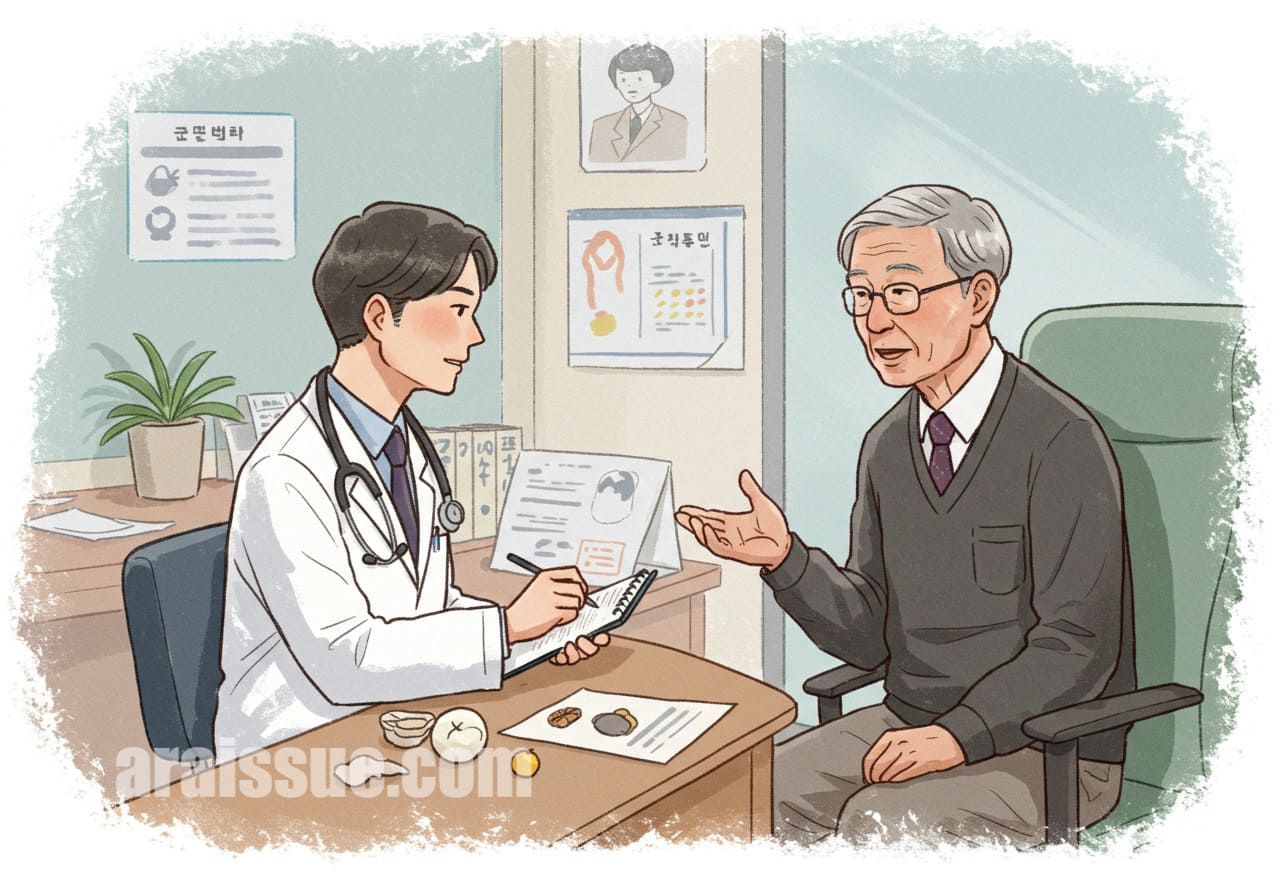알레르기 병력을 설명하는 65세 이상 한국 남성, 의사와 상담을 하는 모습