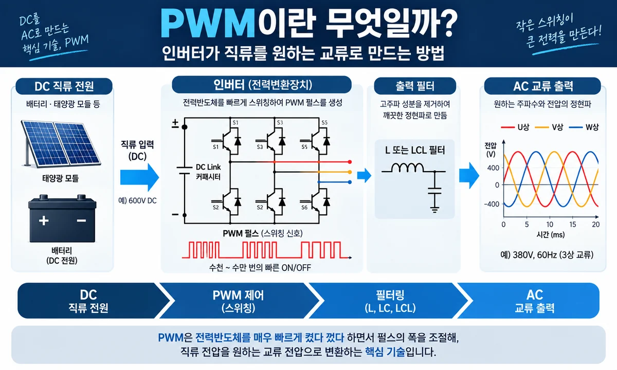 PWM이란 무엇인지 직류 전원을 전력반도체 스위칭과 필터를 거쳐 교류로 변환하는 인버터 동작 원리