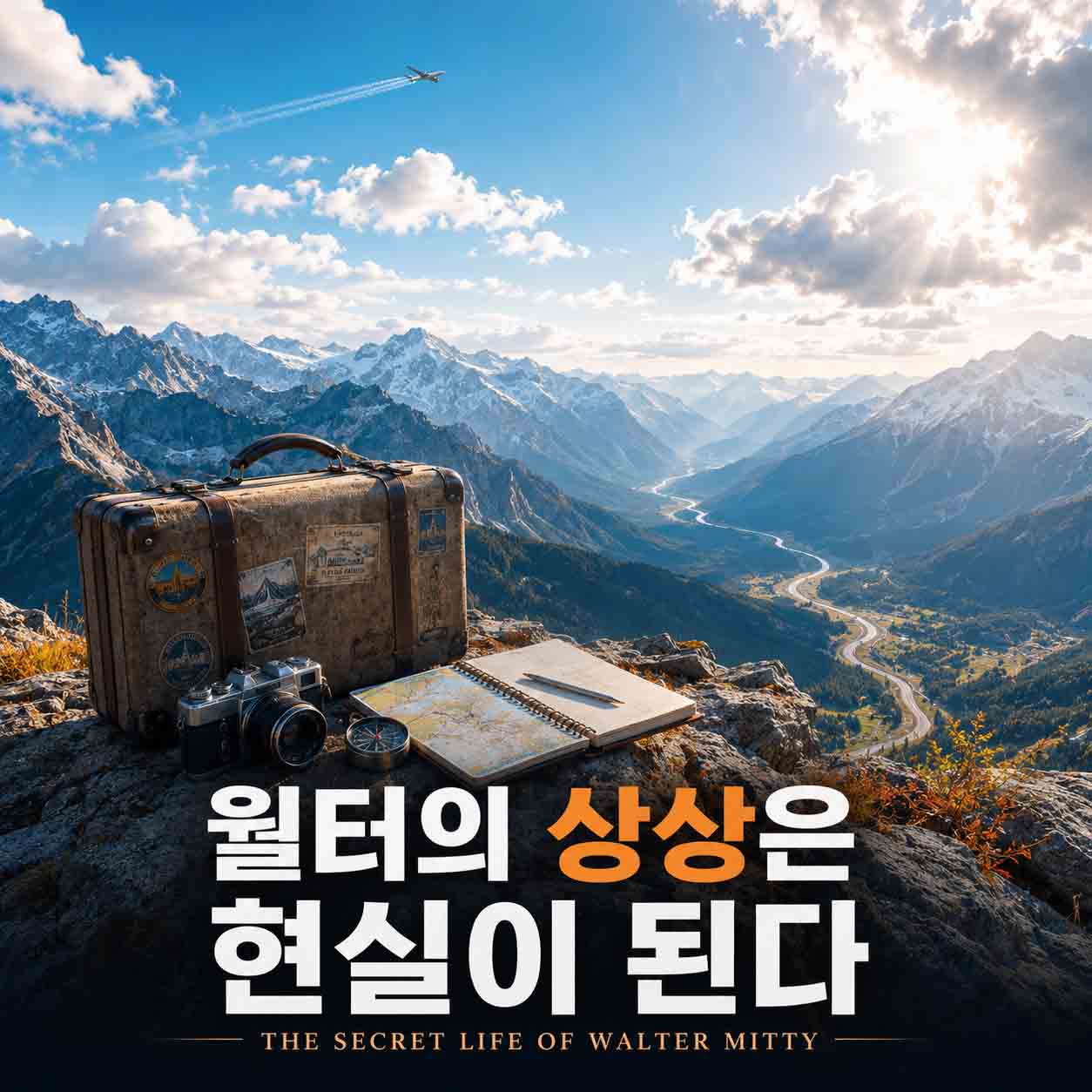 월터의 상상은 현실이 된다 영화를 나타내는 이미지, 웅장한 산맥과 굽이진 도로가 펼쳐진 풍경을 배경으로 여행 가방과 카메라, 지도와 여행 노트가 놓여 있고 하늘에는 비행기가 날아가는 장면