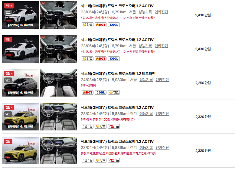 쉐보레 트랙스 중고차 가격 시세표 유지비