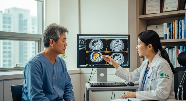 병원에서 CT 검사 결과 설명 듣는 환자