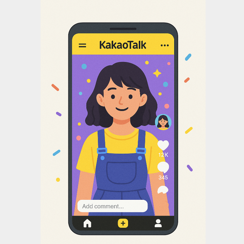 스마트폰 화면에 카카오톡 인터페이스가 표시되어 있으며, 귀여운 캐릭터 소녀가 프로필 이미지로 등장하는 일러스트입니다. 화면에는 좋아요와 댓글 수가 함께 보이며, SNS와 소셜 미디어 활동을 상징하는 디자인입니다.