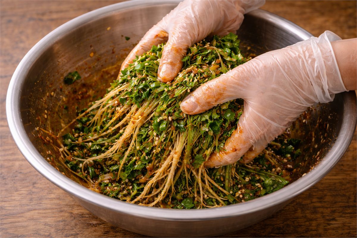 양념을 넣고 냉이를 가볍게 버무리는 손동작 