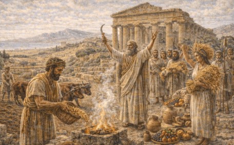 고대 시칠리아 시켈 문명, 신전 앞에서 곡물로 제사를 올리는 장면