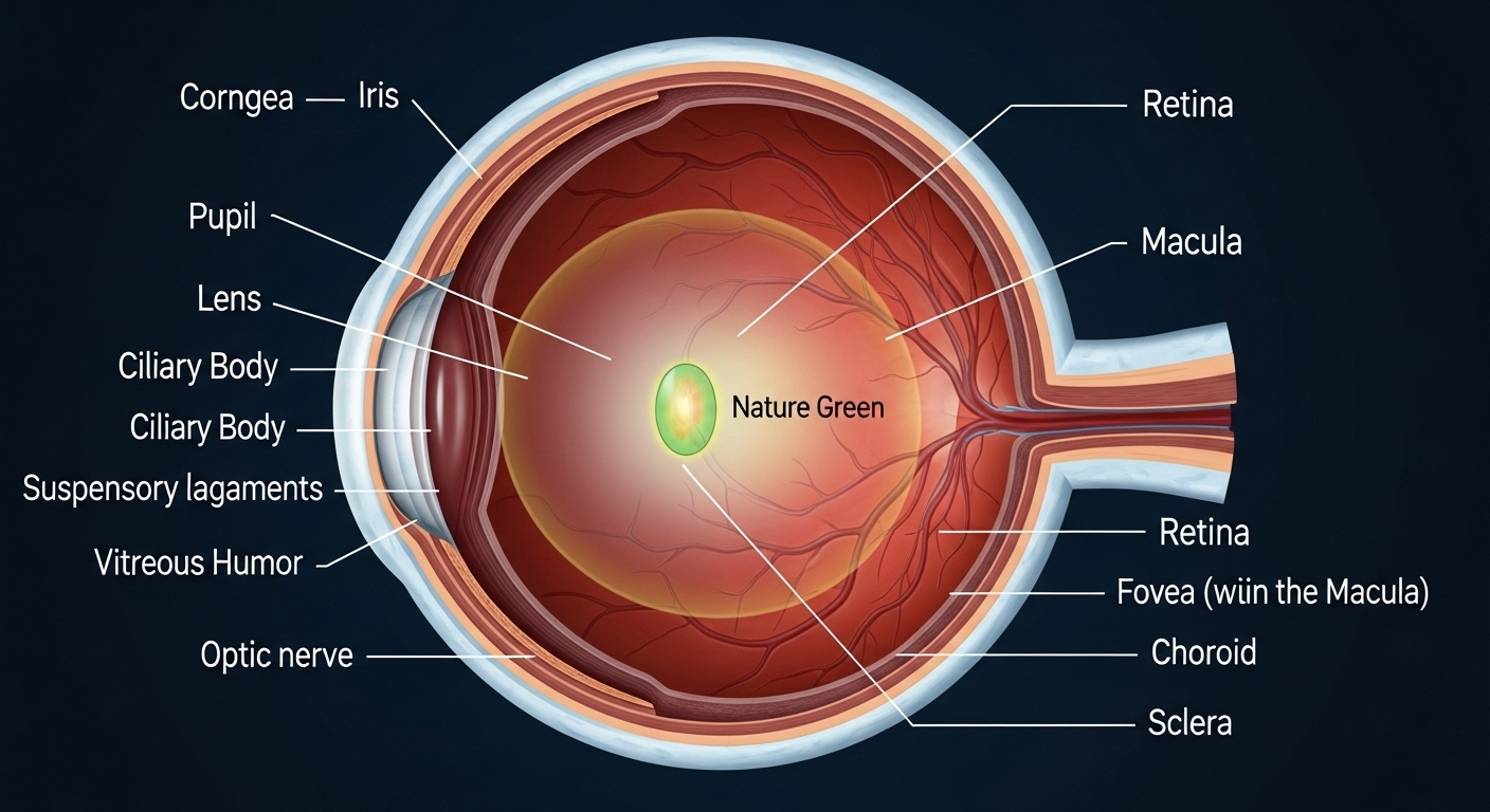 사람 눈의 망막과 황반 구조를 보여주며, 루테인이 축적되는 황반 부위를 강조한 그림.