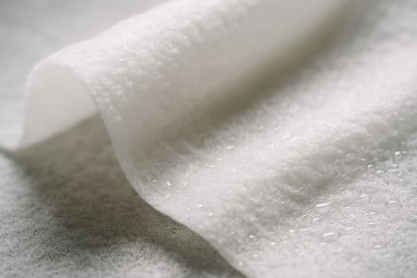 촉촉하고 부드러운 섬유질 질감을 가진 물티슈의 표면