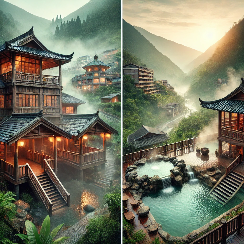 타이난 온천 마을 전경과 온천탕 모습