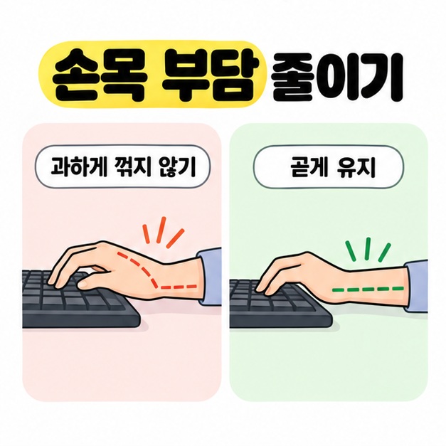 키보드 작업 중 과하게 꺾인 손목과 곧게 유지한 손목의 자세를 비교한 그림