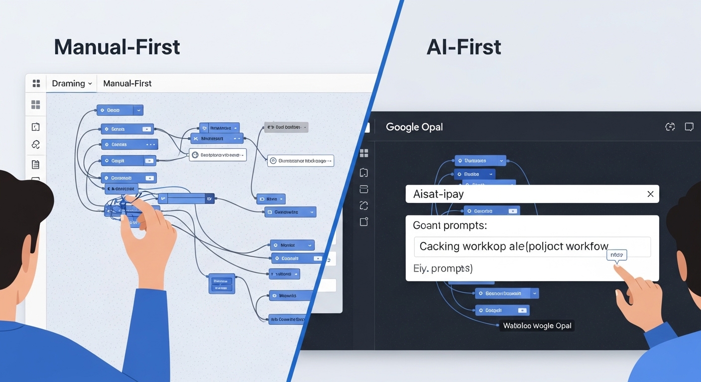 기존의 수동 방식과 구글 오팔의 AI 우선 방식 앱 개발 과정을 비교하는 이미지. AI 우선 방식은 자연어 프롬프트만으로 대부분의 워크플로우를 자동으로 생성하여 개발 속도를 획기적으로 단축시키는 것을 시각적으로 보여줍니다.