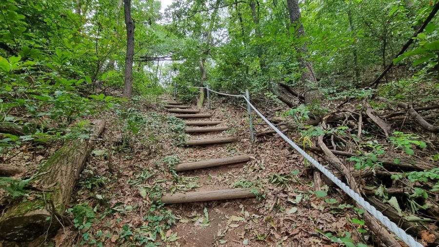 능선에 이어지는 급경사 통나무 계단길, 외줄 안전 로프 난간,