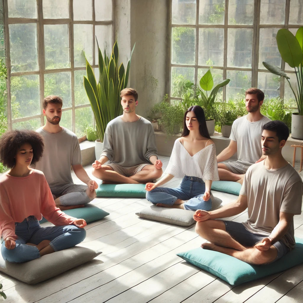 밝고 환한 스튜디오에서 다양한 사람들이 쿠션에 앉아 마음 챙김 명상을 하는 모습. 큰 창문을 통해 자연광이 들어오고 식물이 상쾌함을 더하는 환경
