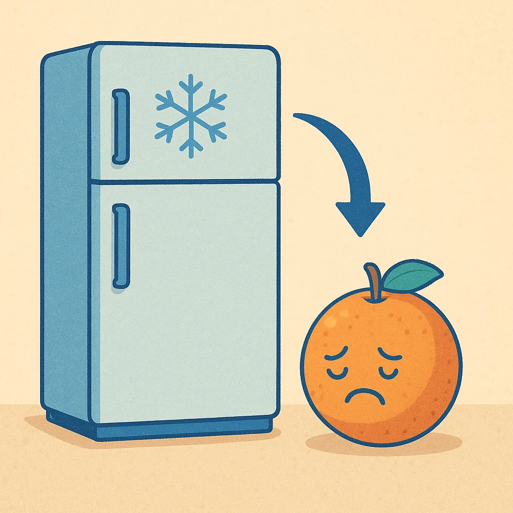 냉장고에-오랫동안-보관된-과일이-수분과-향기를-잃고-맛이-떨어지는-과정을-의인화해-표현한-일러스트-슬픈-표정의-오렌지와-냉장고
