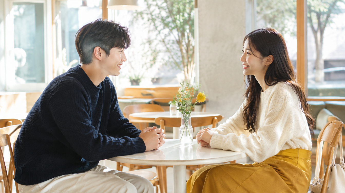 카페에서 처음 만나 눈을 맞추며 웃는 남녀, 첫인상을 만드는 표정과 태도